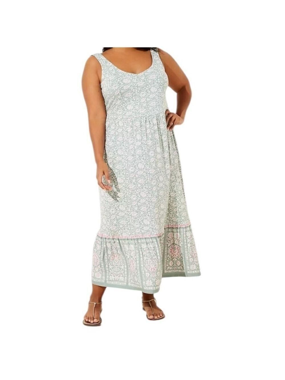 LOFT Plus LOFT Beach Border Floral Midi Dress Mint Sage Green Pink Size 16 EC